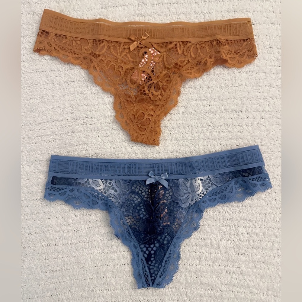 Victoria's Secret Blue And Brown Lace Thong Set 2 Pieces